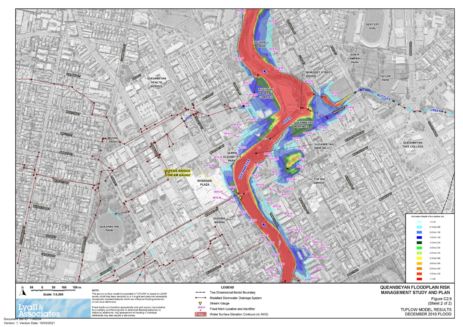 Official 2010 peak flood detail around Morisset Street, Buttles Creek and Queens Bridge, Figure C2.6 sheet 2