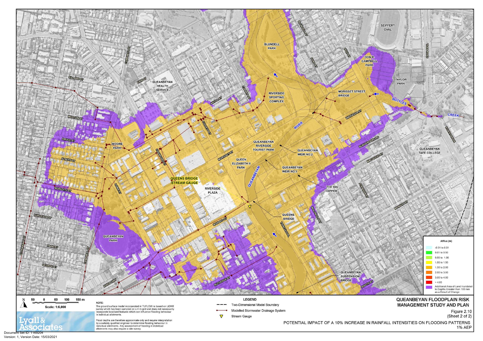 Official plus 10 percent rainfall sensitivity: additional peak level and additional inundated land near Morisset Street