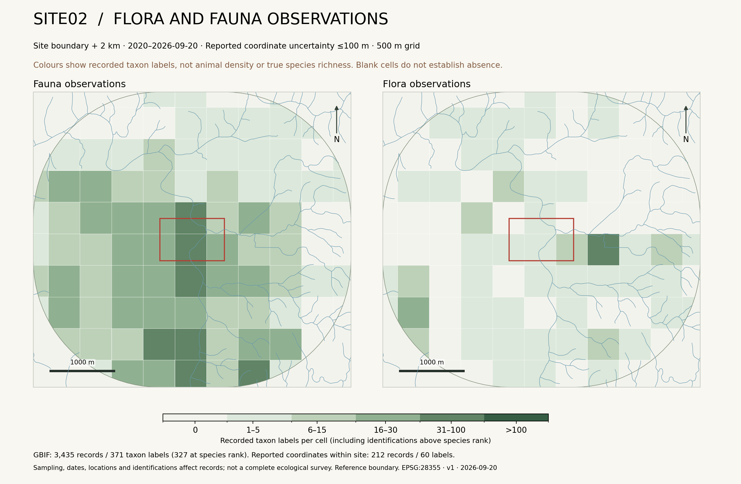 Fauna and flora observations summarised in 500 metre cells around Site02